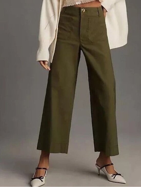 Maeve Pants - Anthropologie Maeve Colette Wide-Leg Cropped Pants Olive Green High Rise 30 Tall